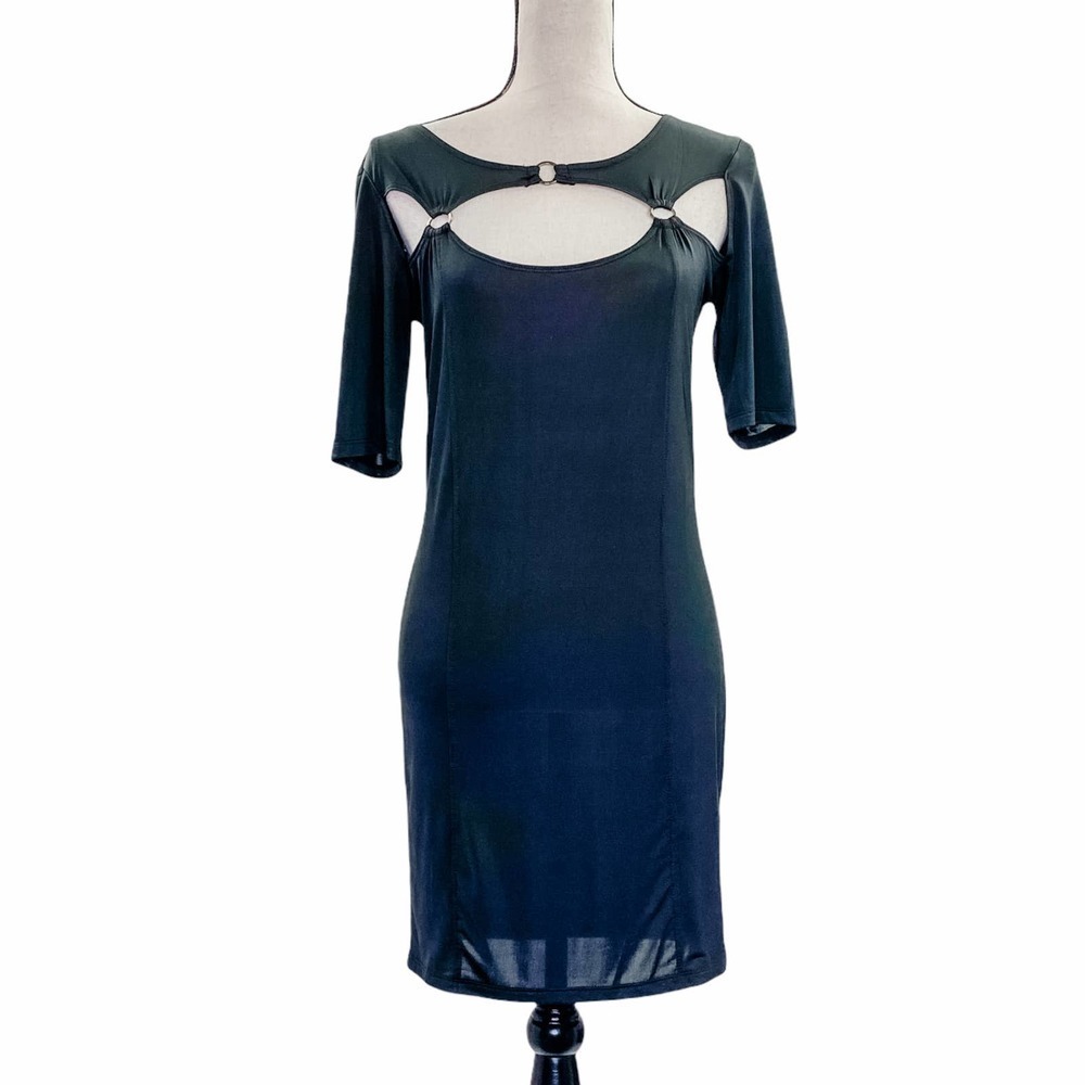 AUDREY Ann Solid Black Open Strappy Bust Short Sleeve Mini Sheath Dress